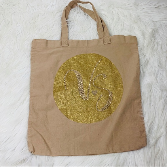 Victorias Secret Tote Bag Khaki Gold Studded Bling - Picture 1 of 3